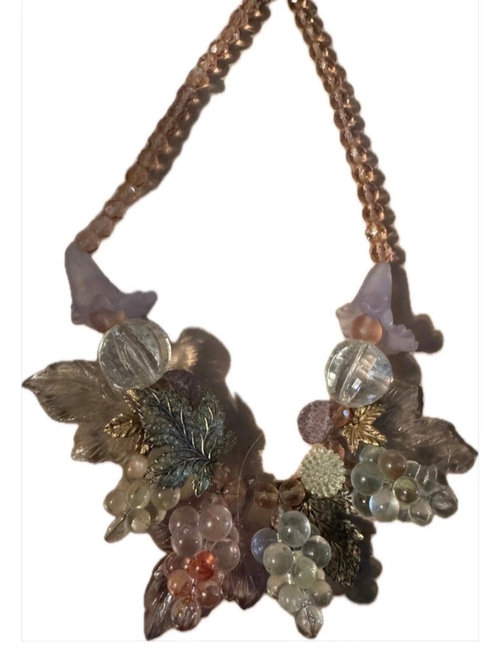 Vtg Glass or Lucite Fruit Salad Necklace w/Pastel & Clear Grape Clusters